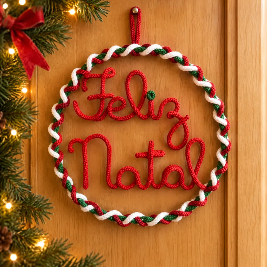 Guirlanda de tricotin com a mensagem Feliz Natal